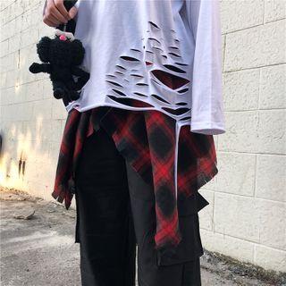 Plaid Hem / Ripped Long-sleeve T-shirt