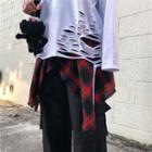 Plaid Hem / Ripped Long-sleeve T-shirt