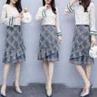 Set: Lace Flared-sleeve Top + Plaid Ruffle Hem Midi Straight-fit Skirt