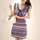 Patterned Ruffle Trim Sleeveless Knit Dress As Shown In Figure - One Size
