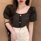 Puff-sleeve Panel Square-neck Cropped Blouse