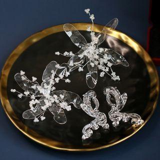 Set : Flower Transparent Hair Stick + Earring Set - White Bead - Transparent - One Size