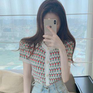 Short-sleeve Floral Print Faux Pearl Button-up Knit Top Red & Pink Floral - White - One Size
