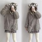 Set: Knit Top + Hooded Fleece Jacket + Plaid Skirt + Gloves