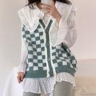 Frill Trim Chiffon Blouse / Checkerboard Knit Vest