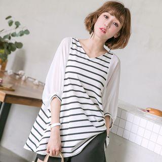 Striped Panel Elbow-sleeve V-neck Top