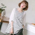 Striped Panel Elbow-sleeve V-neck Top