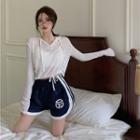 Set: See-through Strappy Hoodies / High Waist Logo Print Shorts Set (as Shown In Figure) - One Size