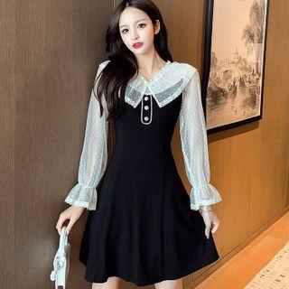 Peter Pan-collar Sheer Dotted Panel Plain A-line Dress