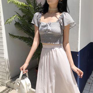Short-sleeve Lace-up Chiffon Crop Top / A-line Asymmetrical Hem Skirt