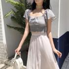 Short-sleeve Lace-up Chiffon Crop Top / A-line Asymmetrical Hem Skirt