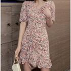 Short-sleeve Drawstring Floral Mini Dress