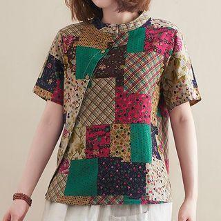 Short-sleeve Patterned Stand-collar Shirt