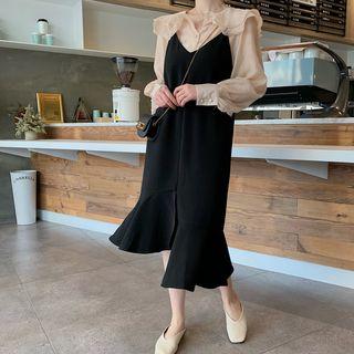 Balloon-sleeve Chiffon Blouse / Spaghetti-strap Midi Dress