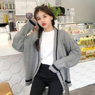 Color-block Long-sleeve Knit Cardigan White - One Size