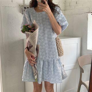Puff-sleeve Flower Embroidered Mini Shift Dress