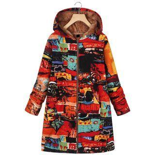 Print Hooded Zip-up Coat