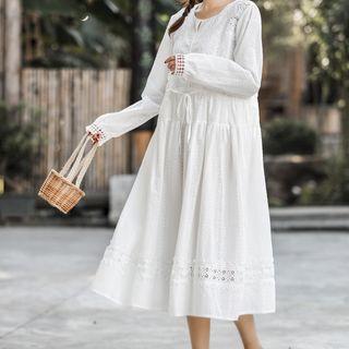 Long-sleeve Lace Trim Midi A-line Dress White - One Size