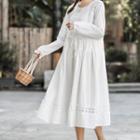 Long-sleeve Lace Trim Midi A-line Dress White - One Size
