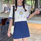 Flower Print Short-sleeve Ringer T-shirt / Buttoned Skort