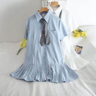 Short-sleeve Pleated A-line Shirtdress