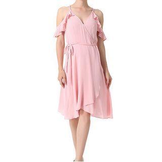 Cold-shoulder Ruffle Trim Wrap A-line Dress