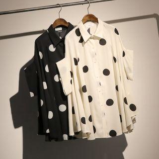 Elbow-sleeve Cold Shoulder Polka Dot Chiffon Shirt