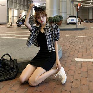 Set: Puff-sleeve Plaid Cropped Shirt + Spaghetti Strap A-line Mini Dress