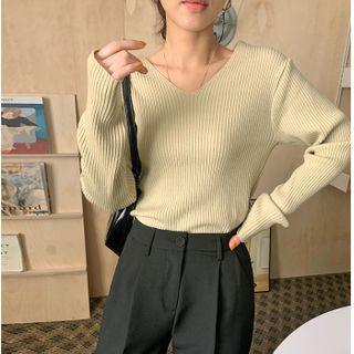 V-neck Color Rib-knit Top