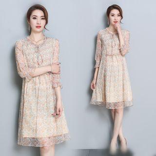 Printed Ruffle Trim 3/4-sleeve Dress