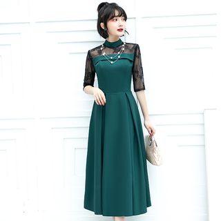 Floral Embroidered Mesh-sleeve Tie-waist Midi A-line Dress