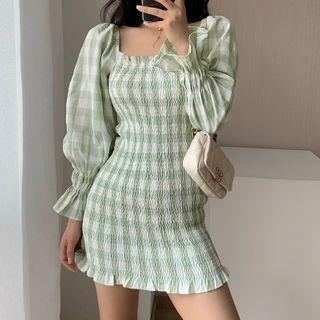 Gingham Long-sleeve Mini Bodycon Dress