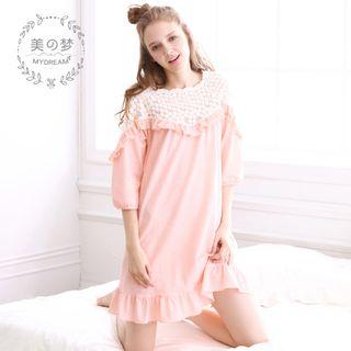 Elbow-sleeve Lace Loungewear T-shirt Dress