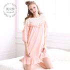 Elbow-sleeve Lace Loungewear T-shirt Dress