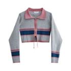 Collared Color Block Zip-up Cardigan Gray - One Size