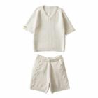 Set: Short-sleeve V-neck Knit Top + Cable-knit Shorts