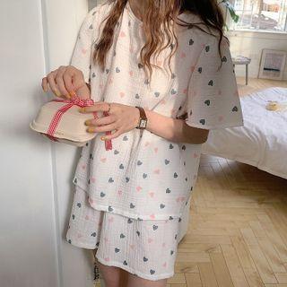 Loungewear Set : Short-sleeve Heart Print Top + Shorts White - One Size
