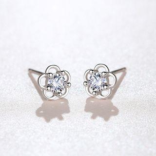 925 Sterling Silver Rhinestone Flower Earring 1 Pair - Plum Blossom Earring - One Size