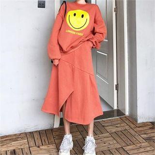 Set: Smile Print Sweatshirt + Slit-front Maxi Skirt Orange - One Size