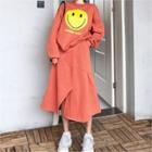Set: Smile Print Sweatshirt + Slit-front Maxi Skirt Orange - One Size