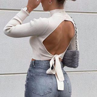 Mock-neck Cutout-back Tie-strap Cropped Knit Top