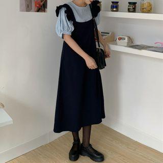 Set: Short-sleeve Plaid Blouse + Midi A-line Pinafore Dress
