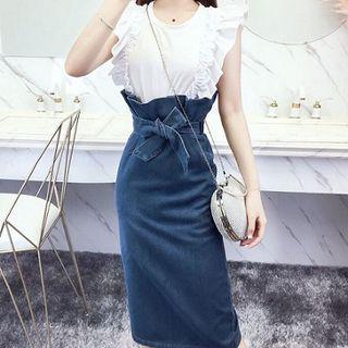 Set:ruffled-trim Sleeveless Top+high-waist Denim Skirt