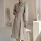 Open-placket Puff-sleeve Midi Wrap Dress