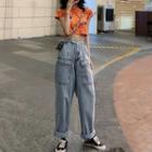 Short-sleeve Printed Cropped Top / High-waist Pocket Jeans