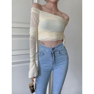Off-shoulder Shirred Mesh Crop Top
