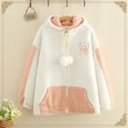 Bear Embroidered Color-block Fleece Hooded Jacket Pink - One Size