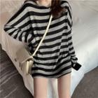 Striped Long-sleeve Loose-fit Top Grey & Black - One Size