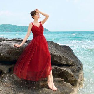 Spaghetti Strap Sheer A-line Midi Dress