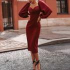 Plain Balloon-sleeve V-neck Mini Bodycon Dress